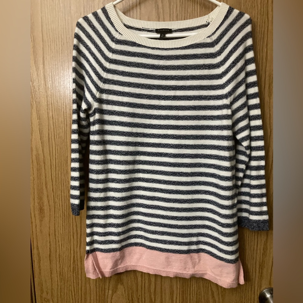 Talbots Nautical Sweater Women Size M Petite Quarter Sleeve Crew Neck Striped
